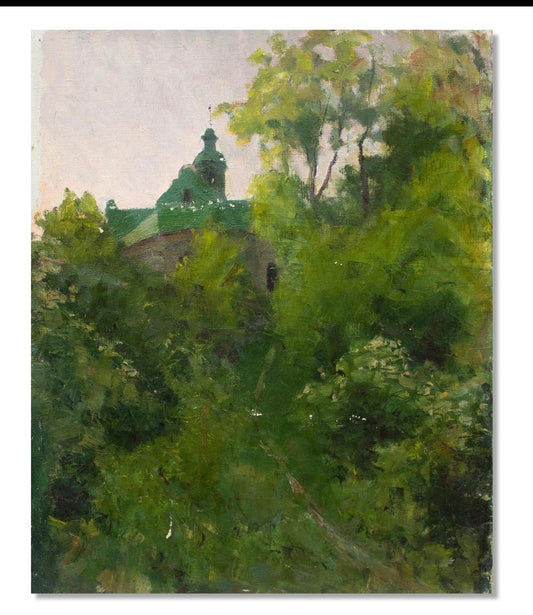 Green Landscape With Church - Oil on Canvas