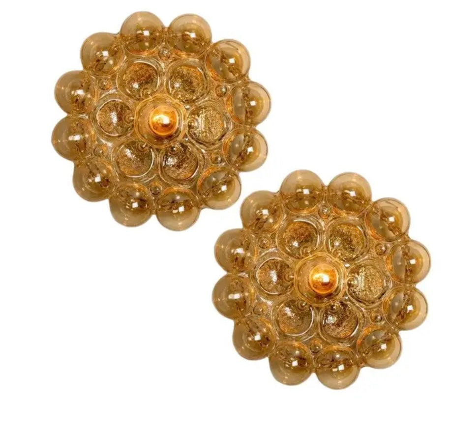Pair Helena Tynell Amber Bubble Glass Round 1960’s Sconces